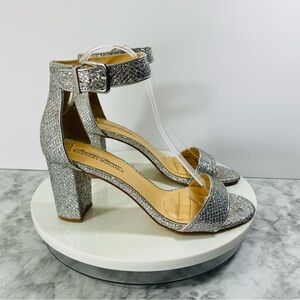 Badgley Mischka Jeweled Sandals Womens Bridal Silver Size 8.5 Strappy Block Heel